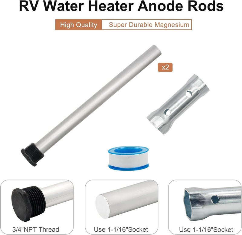 Powswopx 2 PCS RV Water Heater Anode Rods & 1-1/16 inch Socket, Camper Water Heater Aluminum/Zinc Anode Rod 3/4'' Thread 9.25 Length Replacement for Suburban and Morflo Water Heater Tanks - Image 4